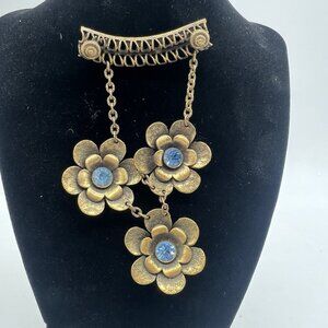 Gray Kingsburg Gold Gilt Brass Layered Flower Brooch Blue Stone Filigree Artisan